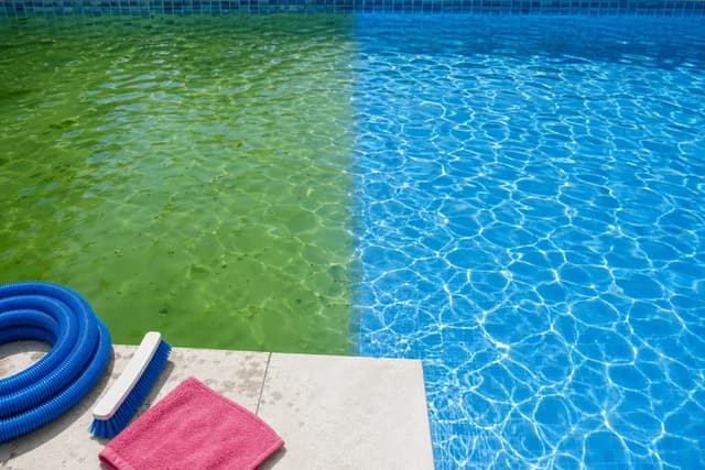 Pool water split between algae green and clear blue, with a hose and brush on the deck