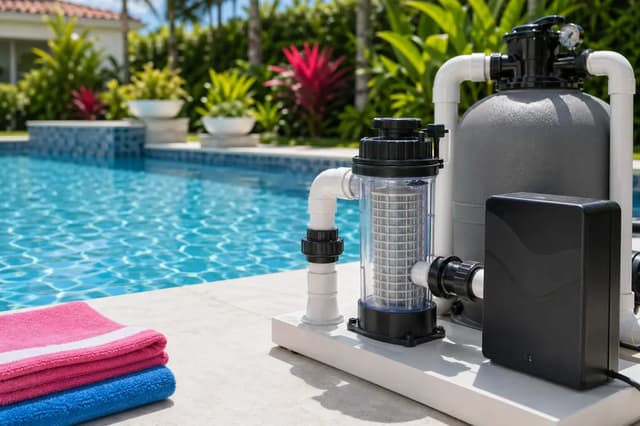 Salt chlorine generator and filter plumbed beside a pool