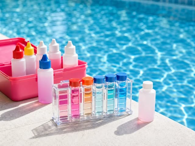 Pool water test kit with reagent bottles and comparator vials on the pool deck