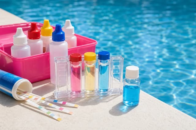 Pool test strips, reagent bottles and sample vials beside a pool