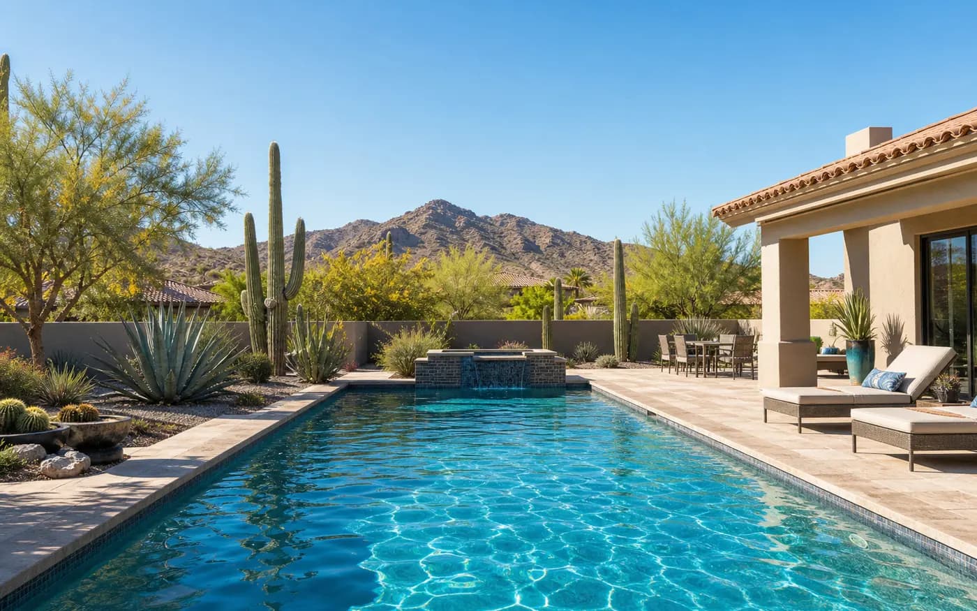 Phoenix, AZ desert-modern backyard pool with saguaro cactus and mountain views.