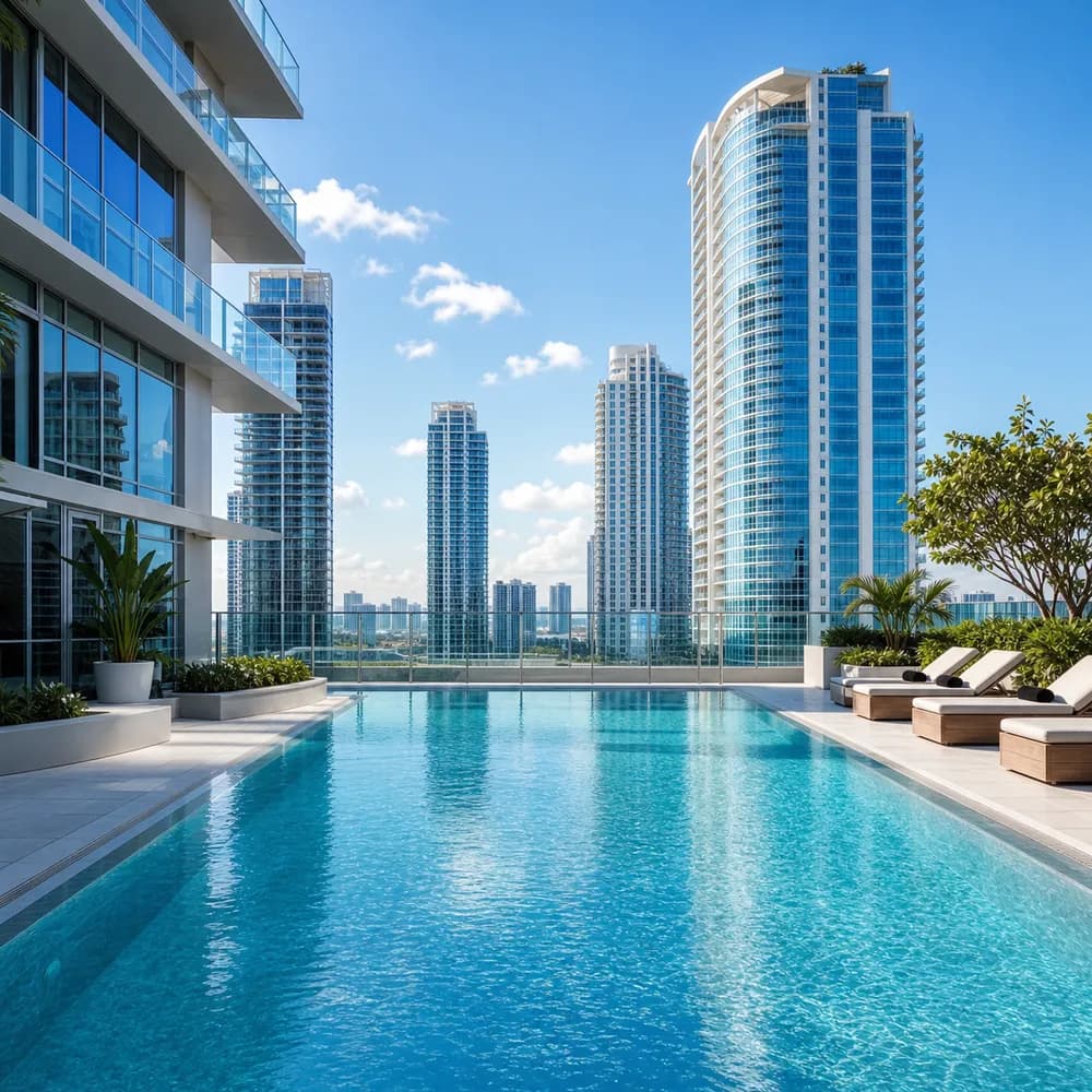 Brickell rooftop pool with glass high-rise skyline.