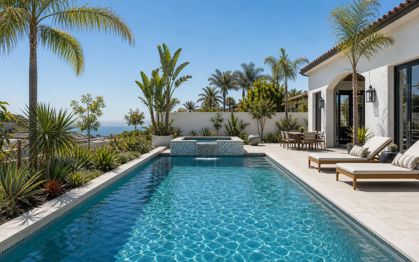 Orange County, CA residential backyard pool with regionally specific landscaping.
