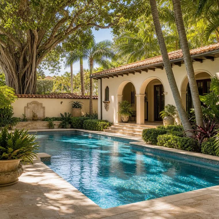 Coral Gables courtyard pool with Mediterranean Revival architecture.