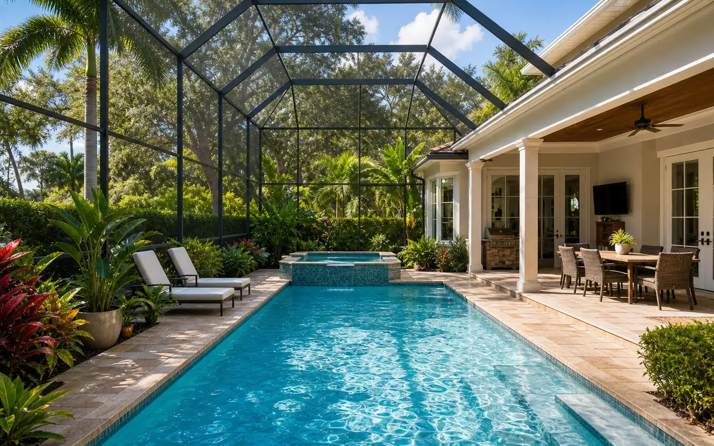 Tampa, FL residential backyard pool with regionally specific landscaping.