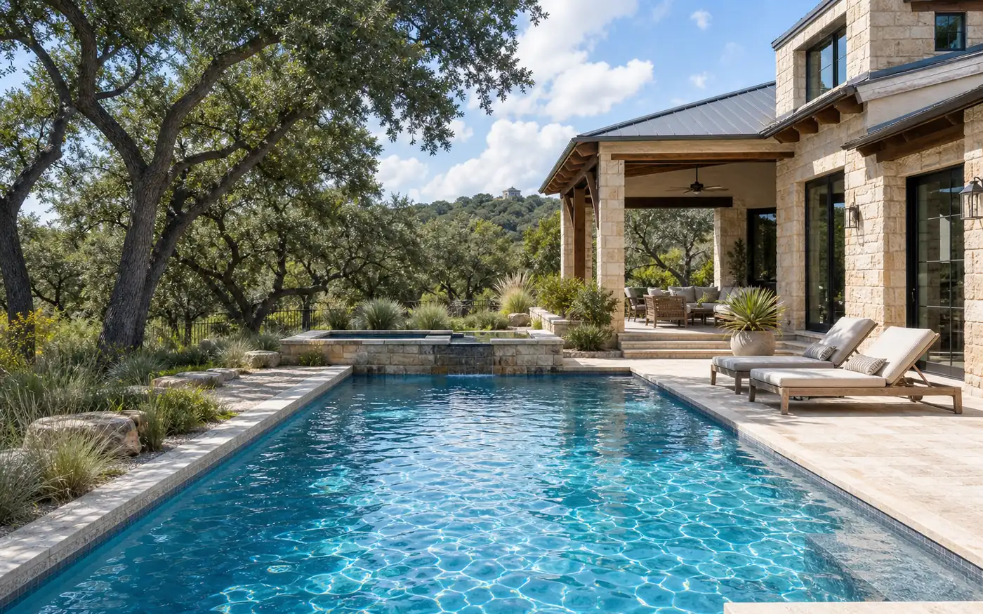 Austin, TX residential backyard pool with regionally specific landscaping.