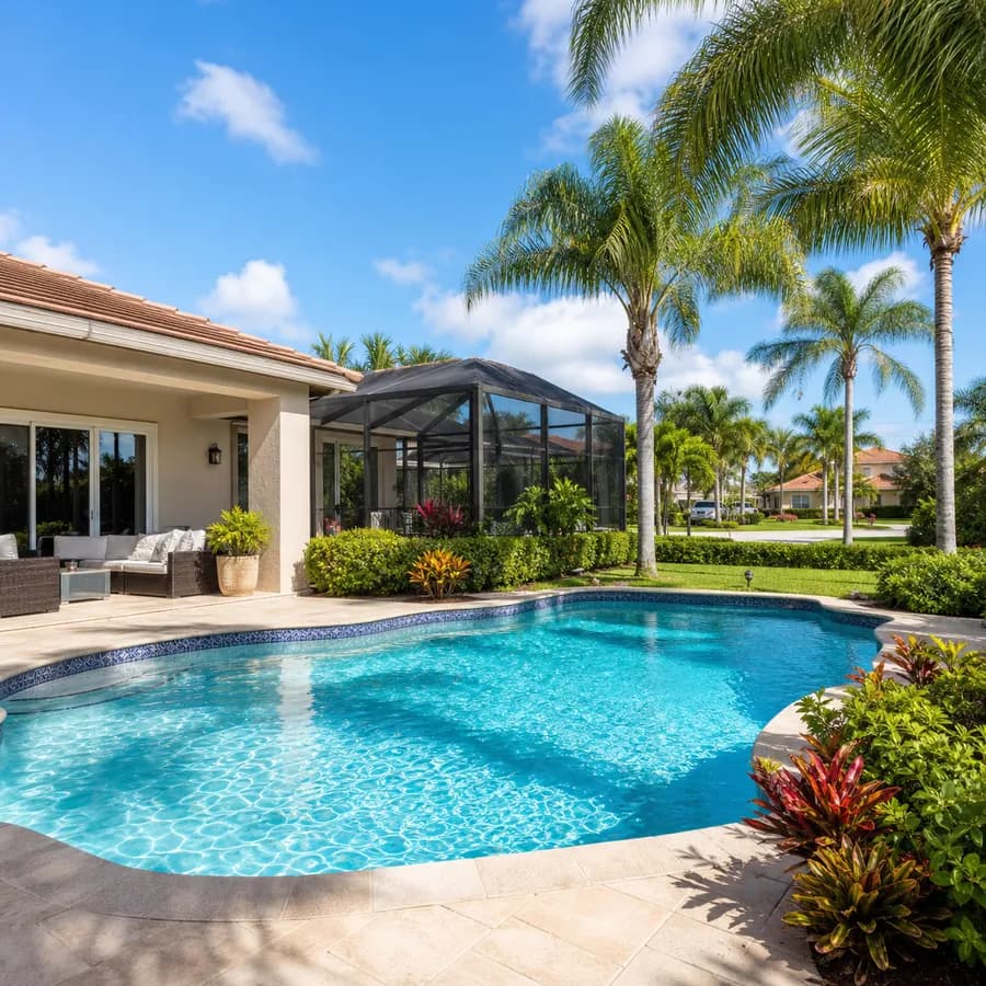 Kendall backyard pool with screened patio and palm-lined suburban street.