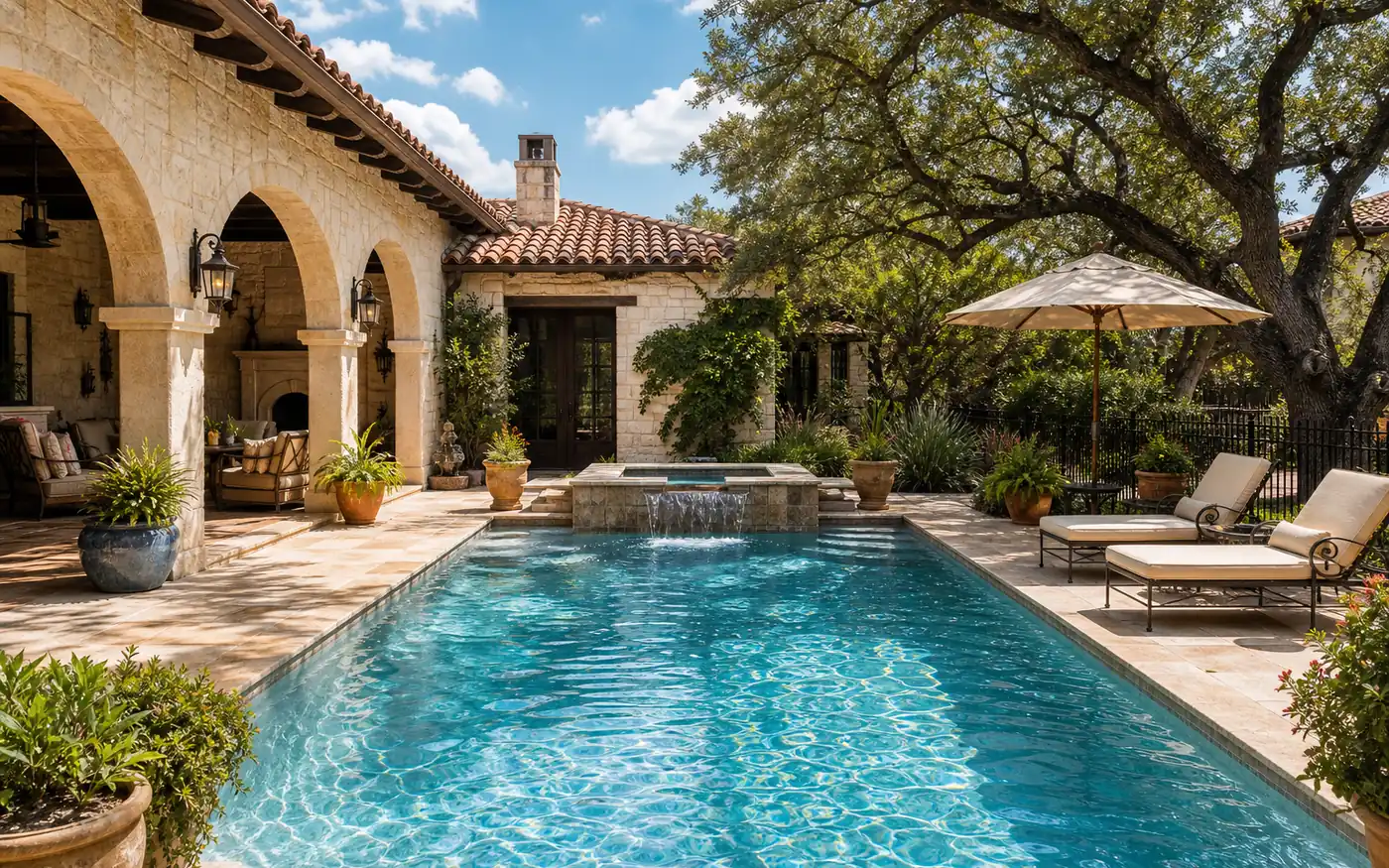 San Antonio, TX residential backyard pool with regionally specific landscaping.