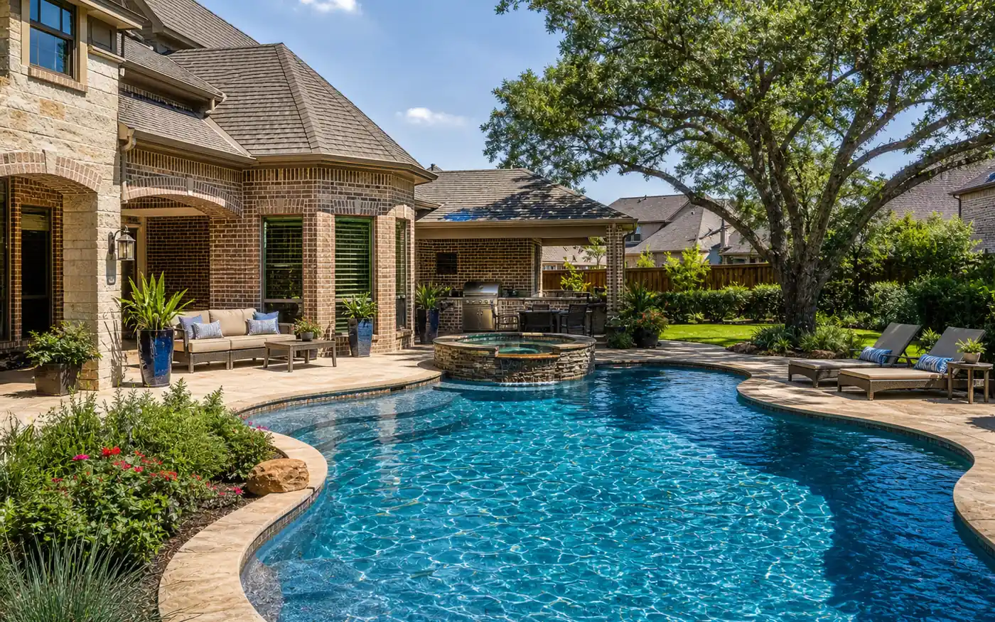 Dallas, TX residential backyard pool with regionally specific landscaping.