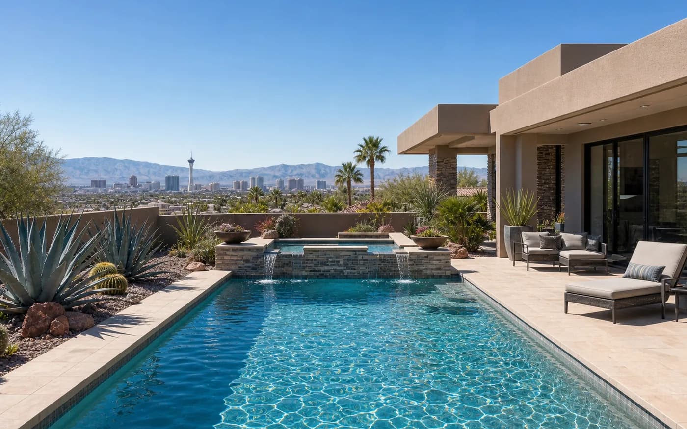Las Vegas, NV residential backyard pool with regionally specific landscaping.