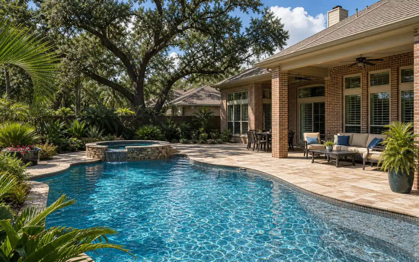 Houston, TX residential backyard pool with regionally specific landscaping.