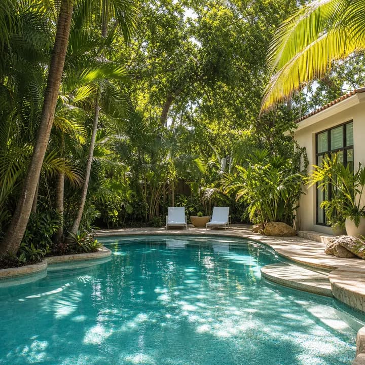 Coconut Grove backyard pool in lush tropical foliage.