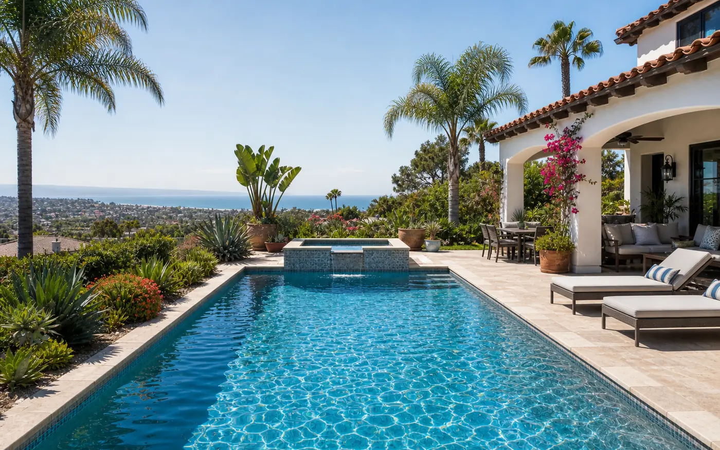 San Diego, CA residential backyard pool with regionally specific landscaping.