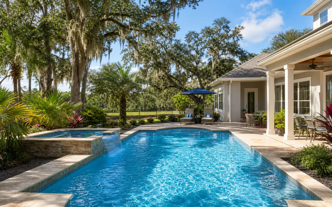 Jacksonville, FL residential backyard pool with regionally specific landscaping.