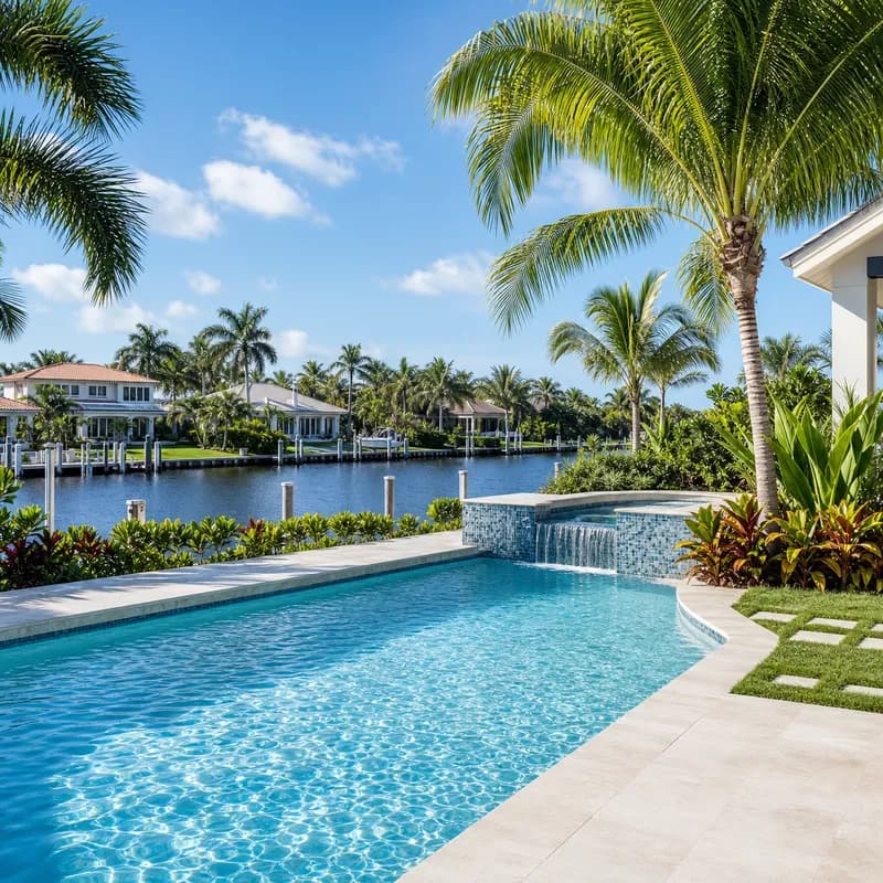 Fort Lauderdale waterfront pool beside a palm-lined canal.