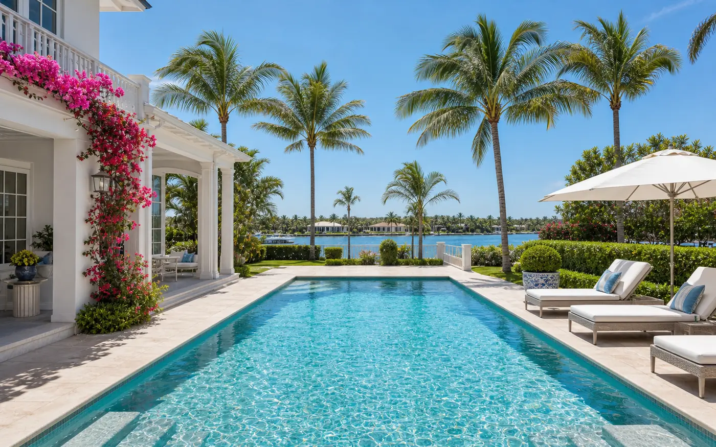 Palm Beach, FL residential backyard pool with regionally specific landscaping.
