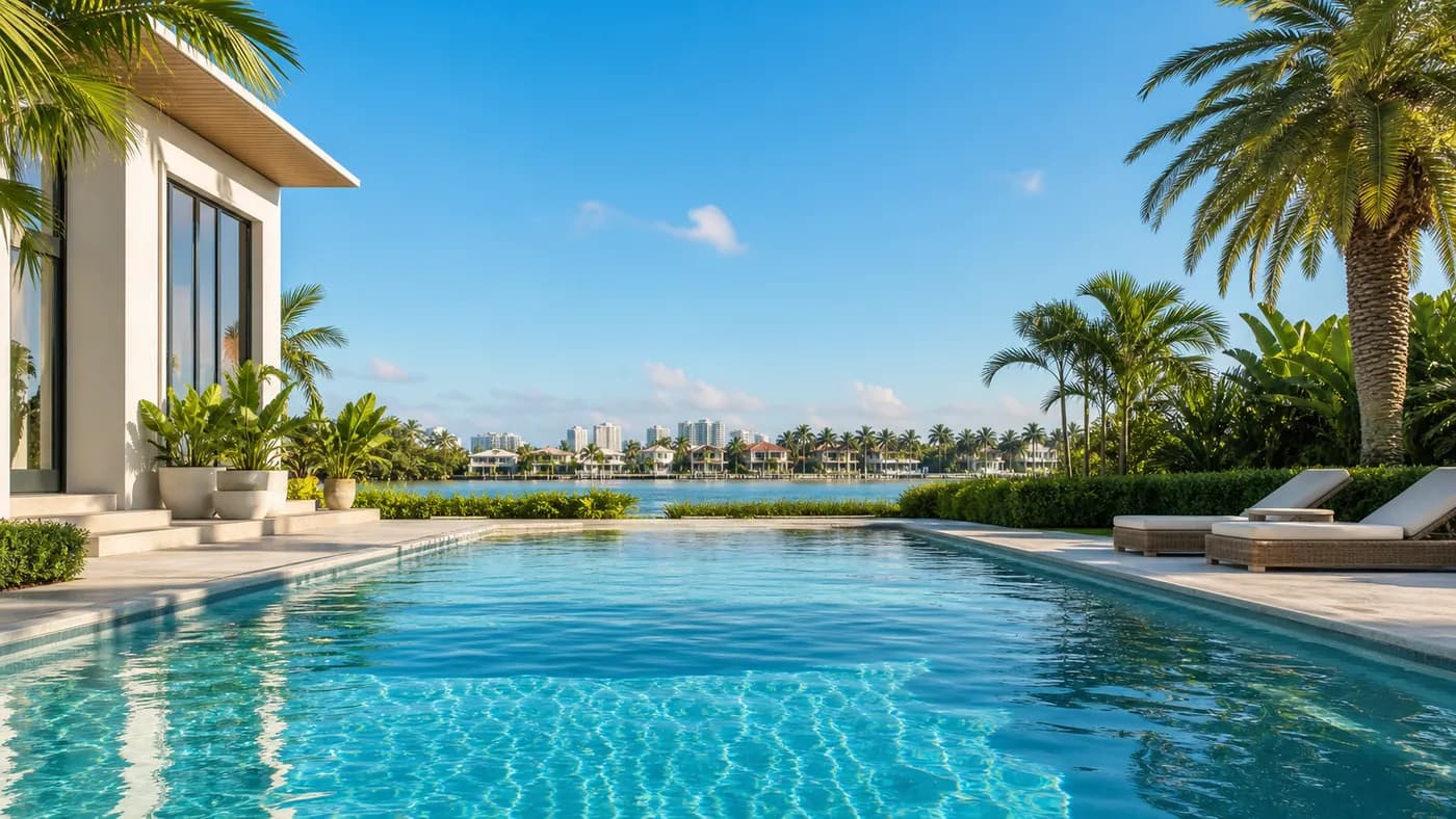 Pristine Miami residential pool with palm trees and skyline.