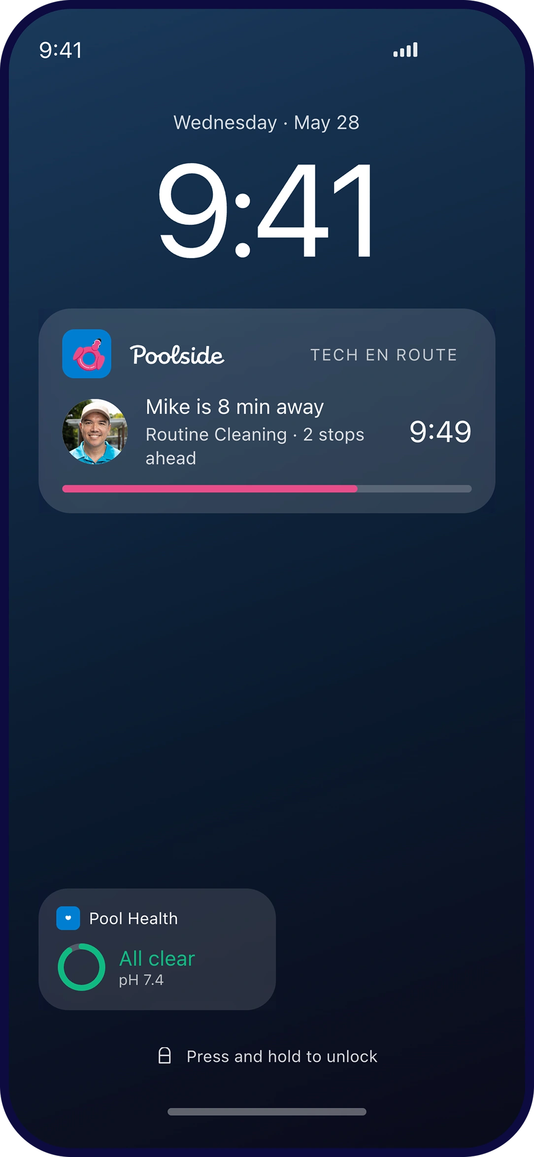 Poolside live activity on the iOS lock screen — Mike is 8 minutes away, 2 stops ahead — plus the Pool Health widget