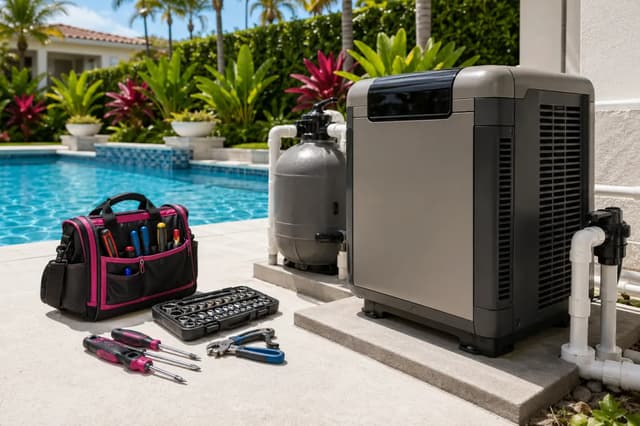 Pool pump, filter and heater on an equipment pad with a technician's tool bag