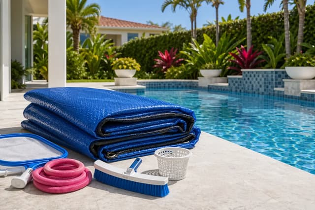 Folded pool cover, skimmer net, brush and hose ready for closing a pool