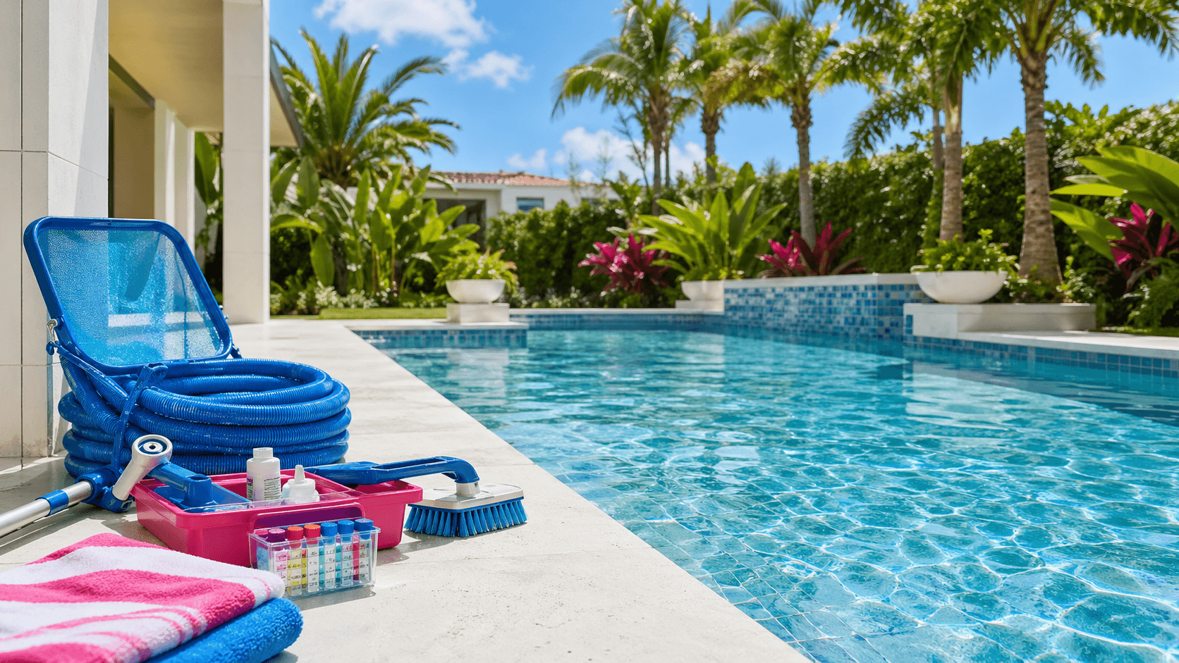 Poolside service equipment beside a clean pool